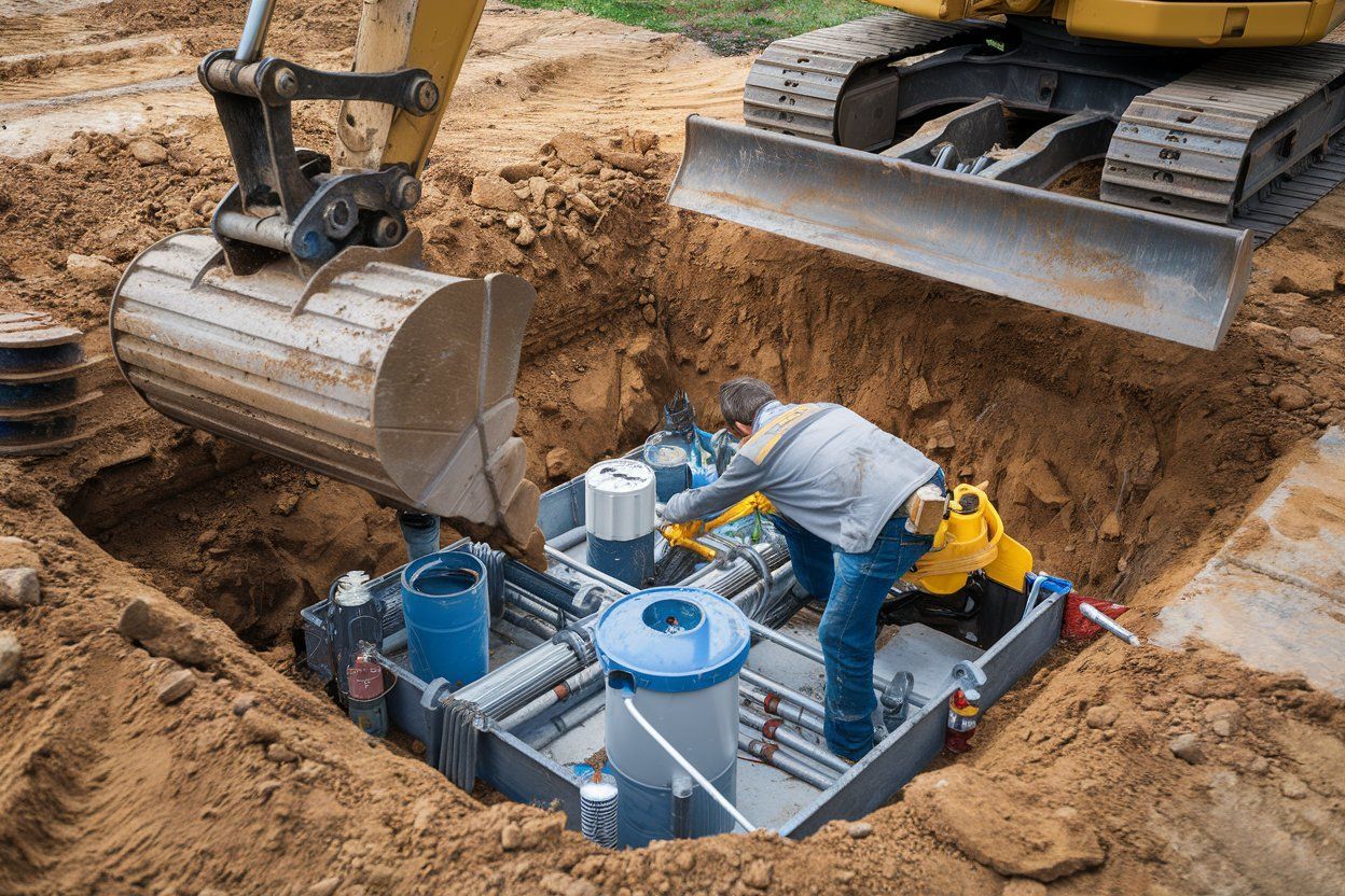 A man is working on a septic tank in the dirt next to a bulldozer.