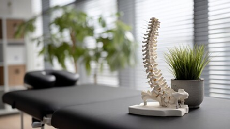 Spine model on massage table in a sunny room, next to a potted plant, with a window and a headrest.