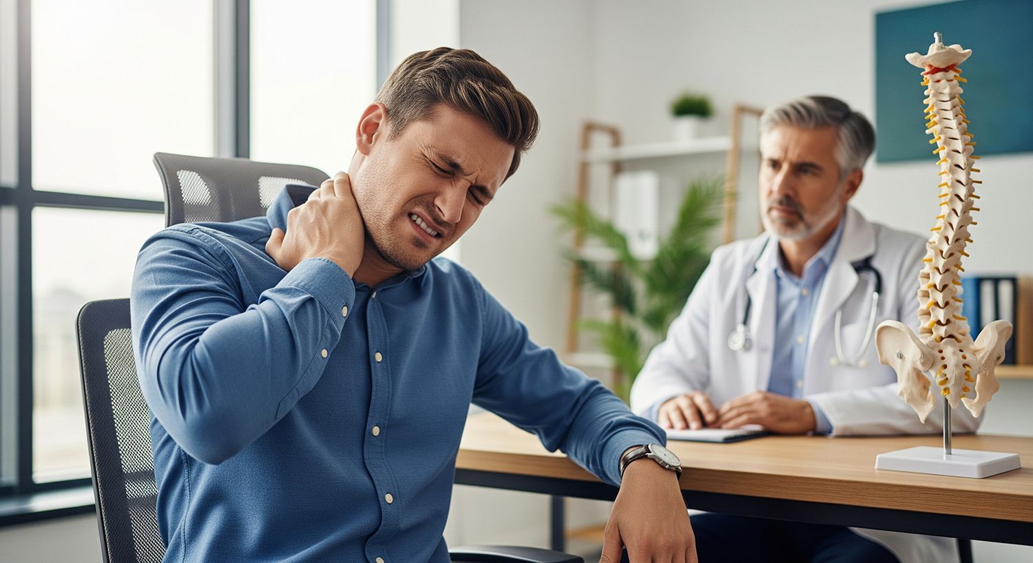 A patient consults a neck pain specialist about severe discomfort and spinal health concerns.