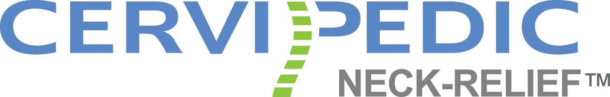 CERVI PEDIC neck relief logo. Blue text and a green vertical line.