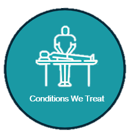 Blue circle with a person lying on a table being treated by another person; text reads