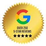 Gold badge with Google logo and text “OVER 250 5-STAR REVIEWS” with five black stars