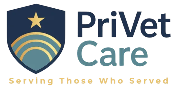 Logo of Privet Care, a veteran care service. Includes a shield emblem, star, arcs, and the tagline: