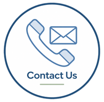 Contact button: Blue circle with white phone and envelope icon; 
