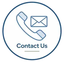 Blue circle icon with phone and envelope, labeled 