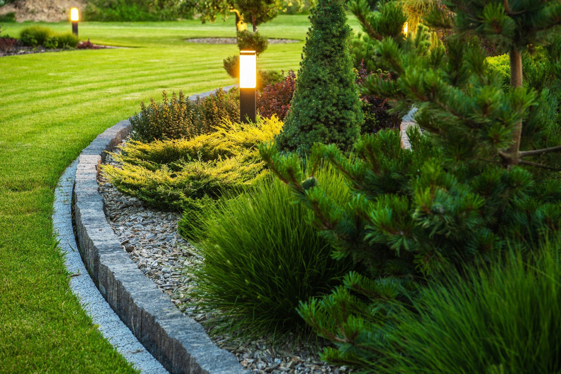 A lush green garden with trees and shrubs and a stone curb.