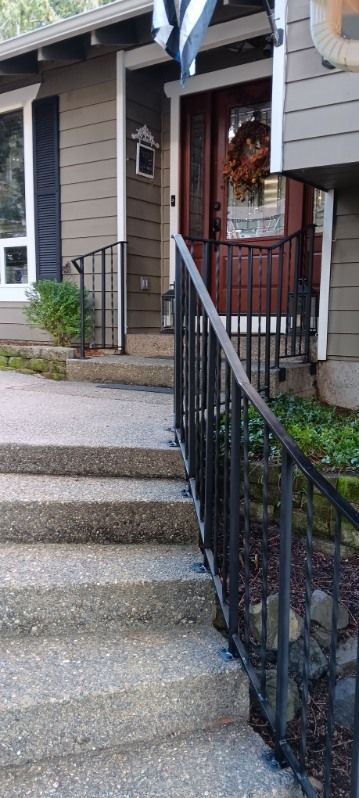 A house with stairs leading up to the front door and a wrought iron railing.