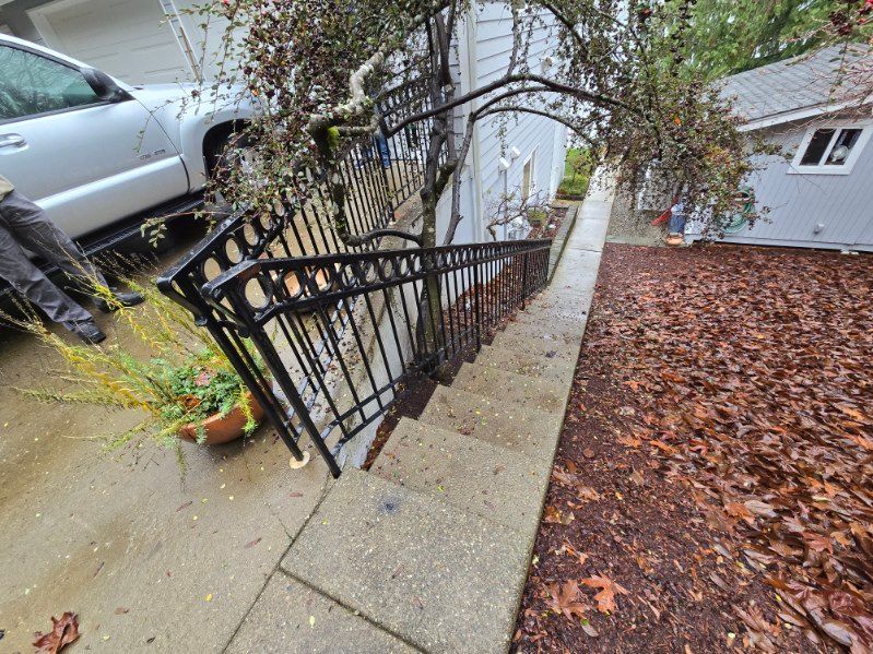 A staircase with a wrought iron railing leading up to a house.