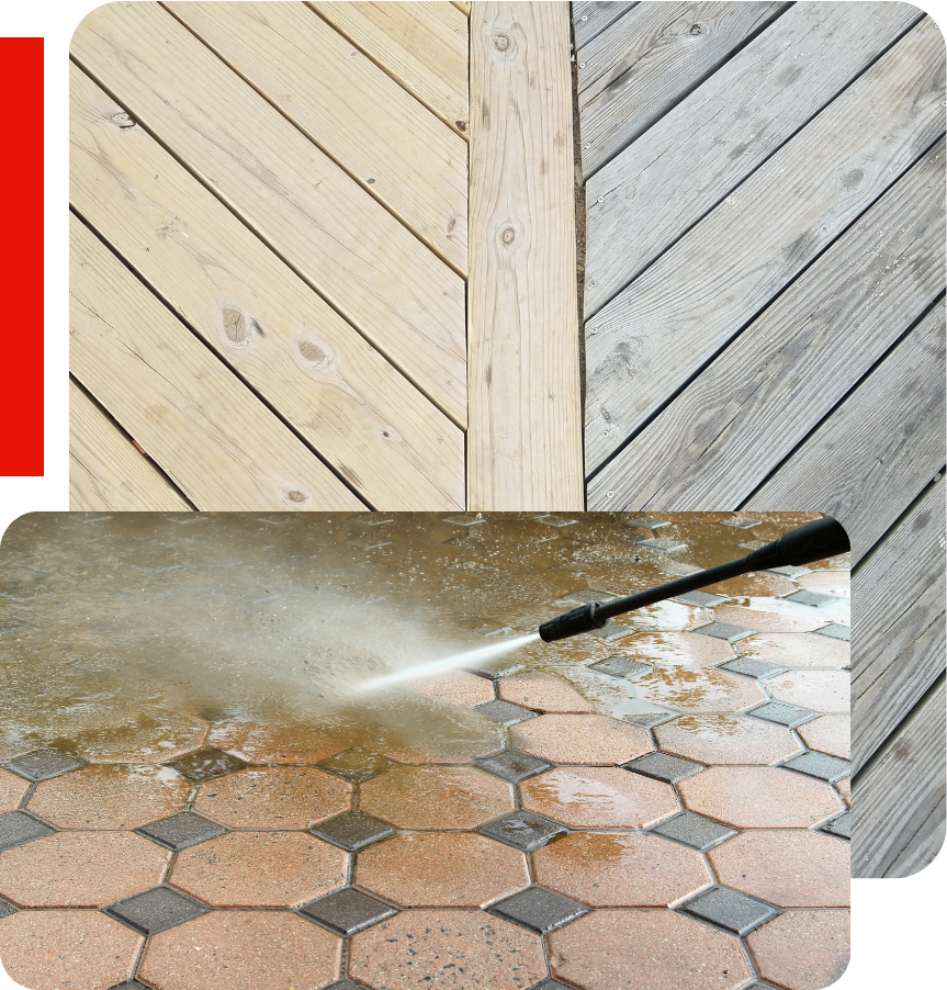 a person is using a high pressure washer to clean a wooden deck