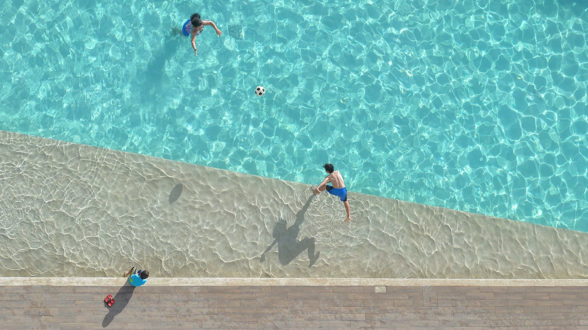 An aerial view of people swimming in a swimming pool.