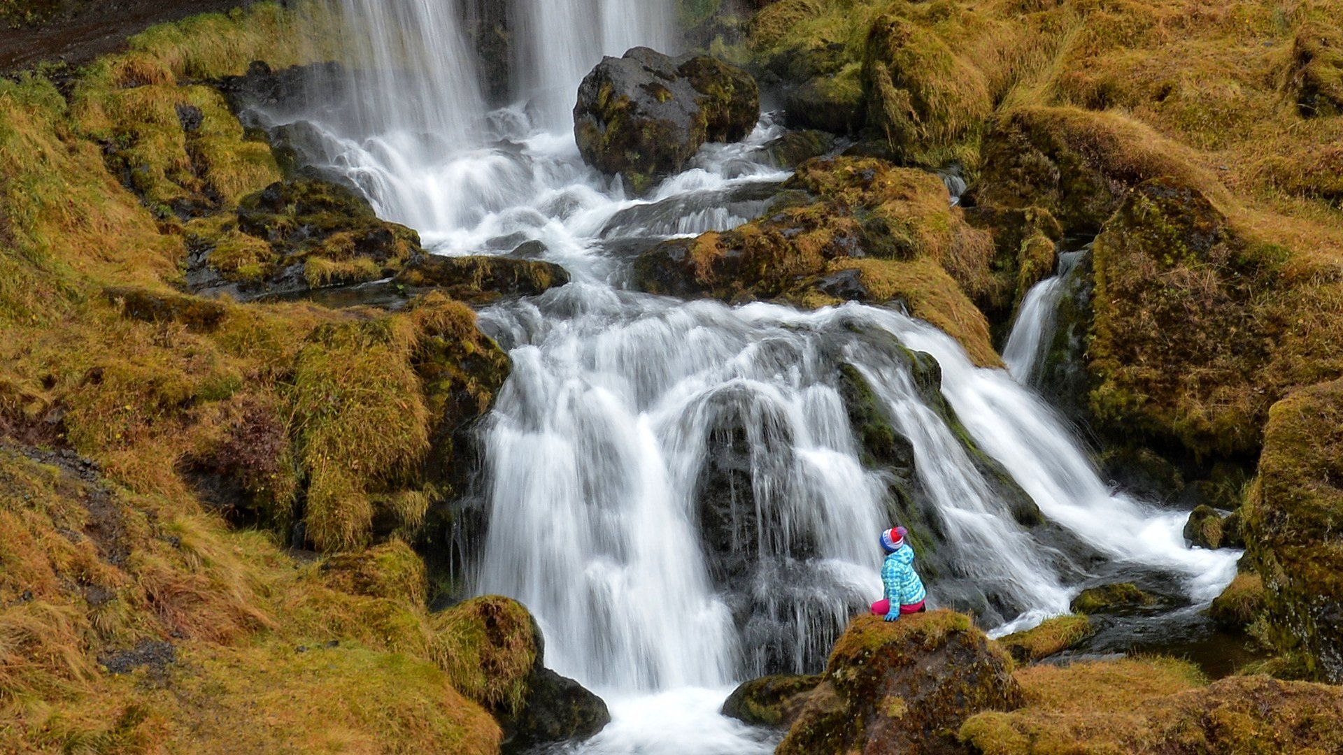 A person is sitting on a rock next to a waterfall.