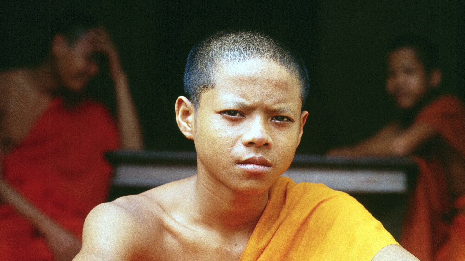 A young monk in an orange robe is looking at the camera.