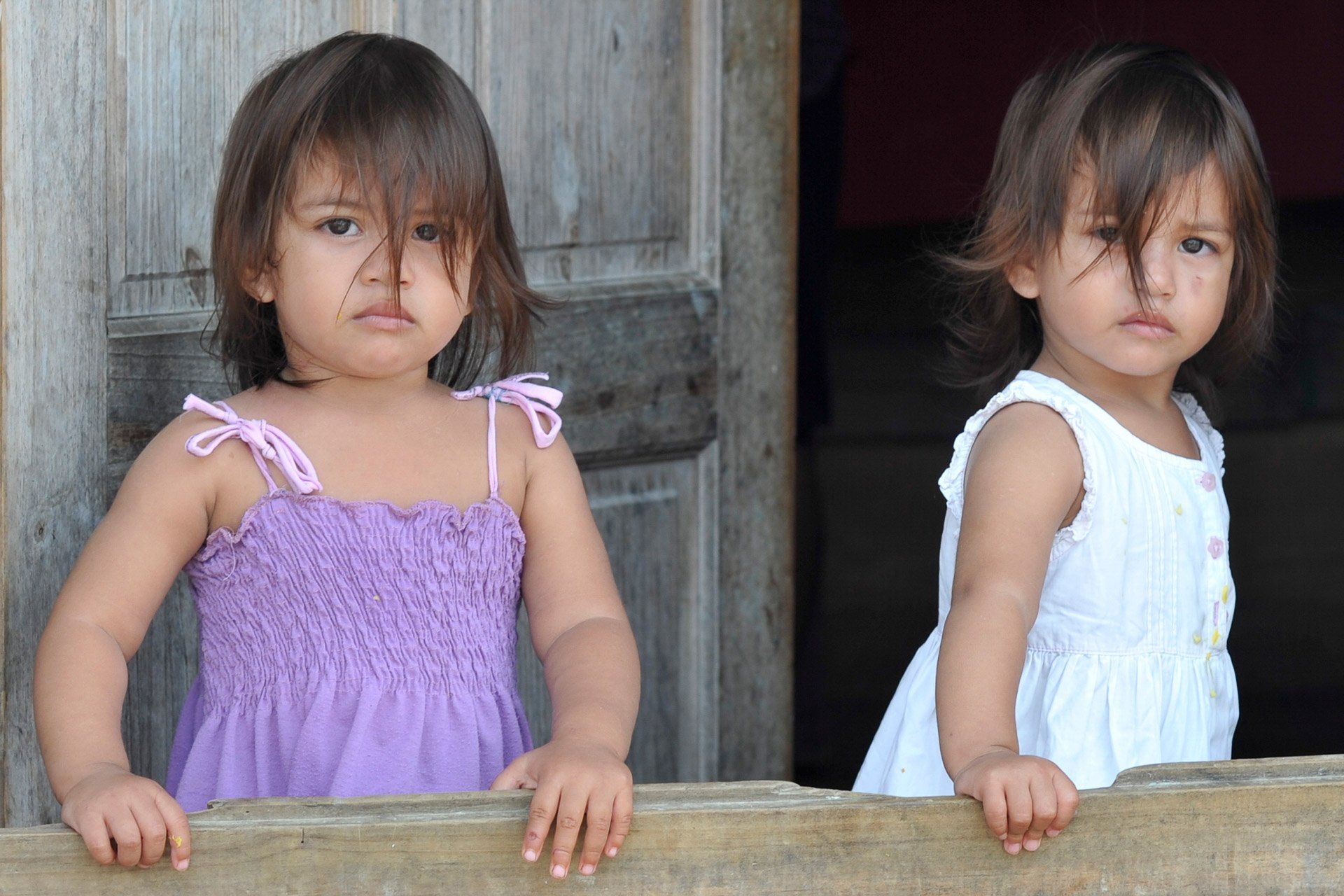 Two little girls are standing next to each other on a wooden fence.
