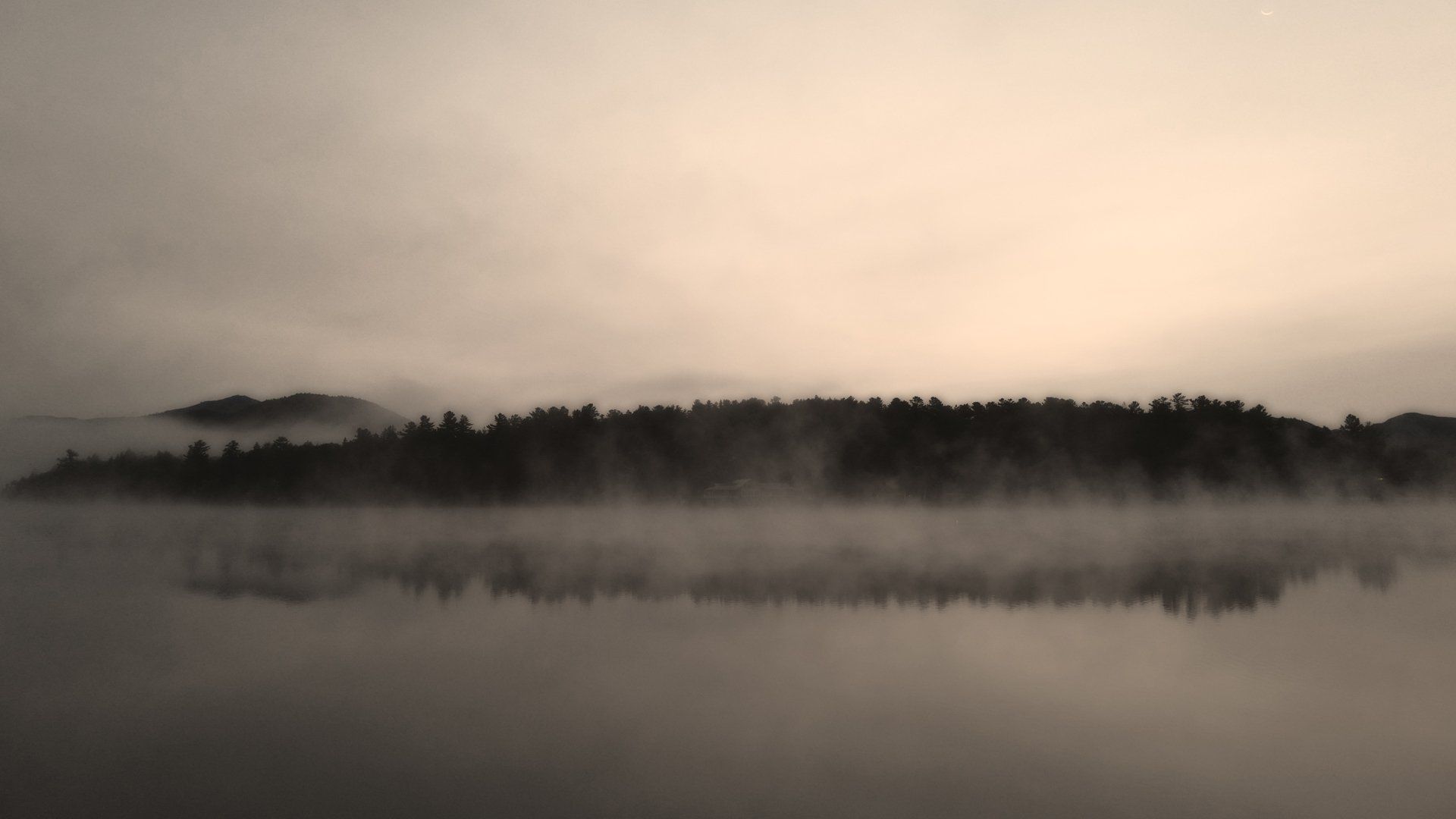 A black and white photo of a foggy lake with trees in the background.