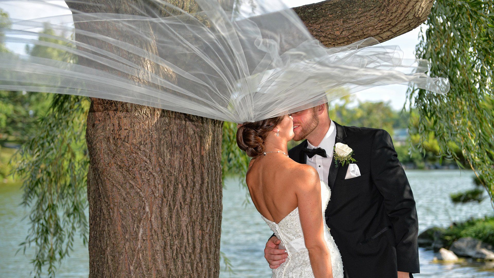 A bride and groom are kissing under a veil that is blowing in the wind.