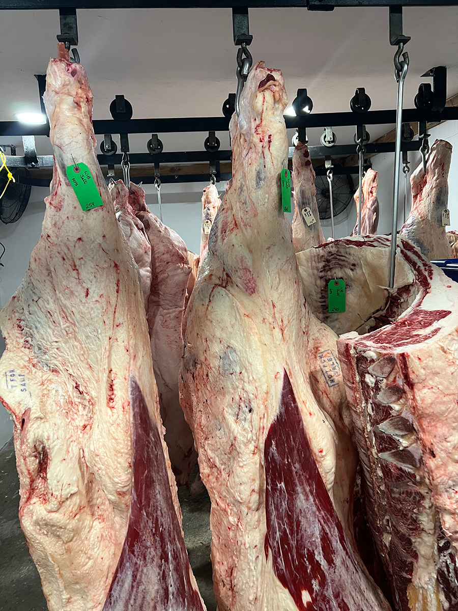 A bunch of raw meat hanging from hooks in a room