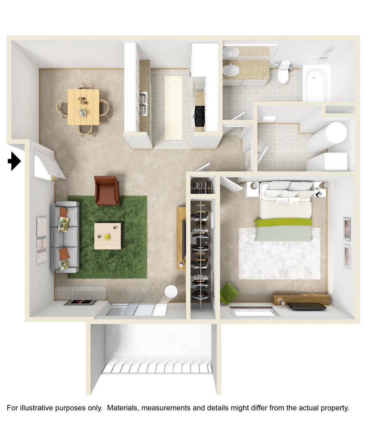 A 3d floor plan of a house with a bedroom , living room , dining room , and bathroom.