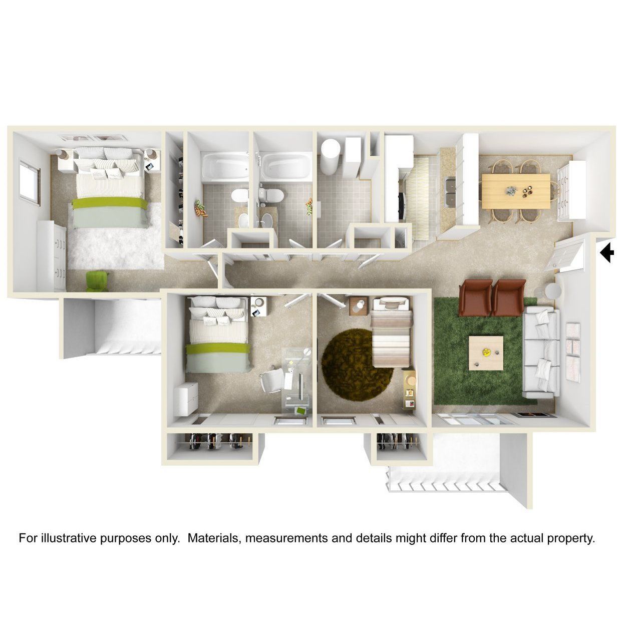 A 3d floor plan of a house with a lot of furniture.
