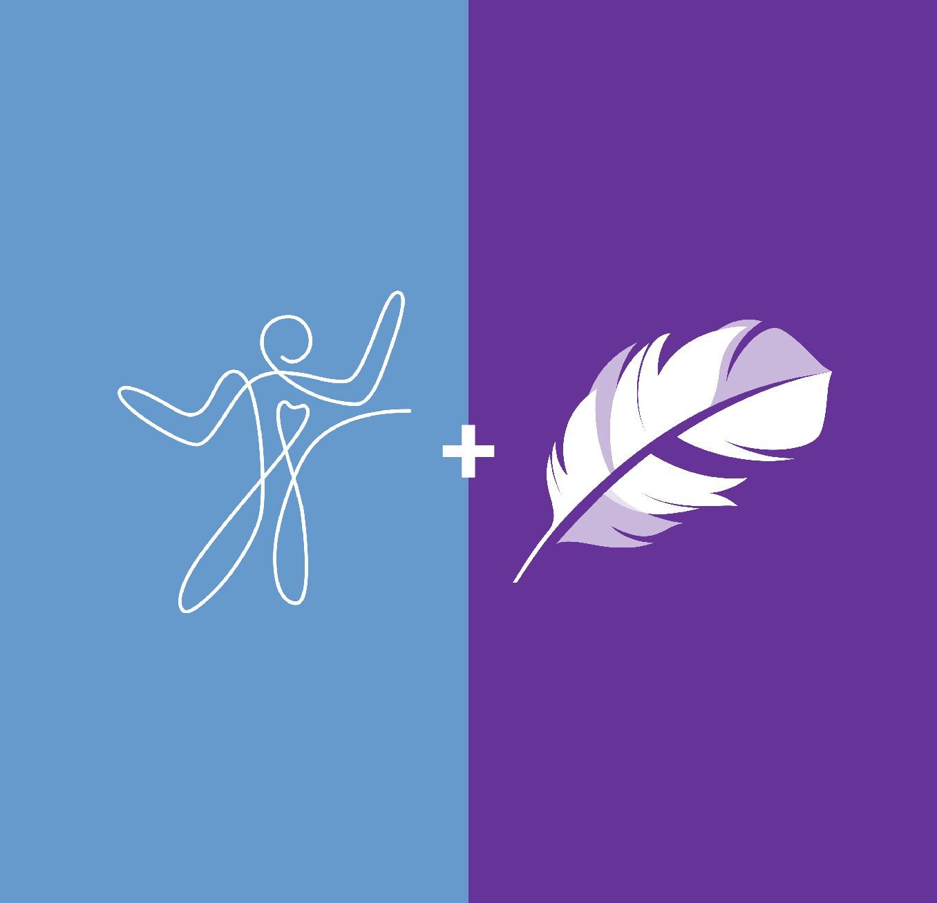 A line drawing of a person and a feather on a blue and purple background.