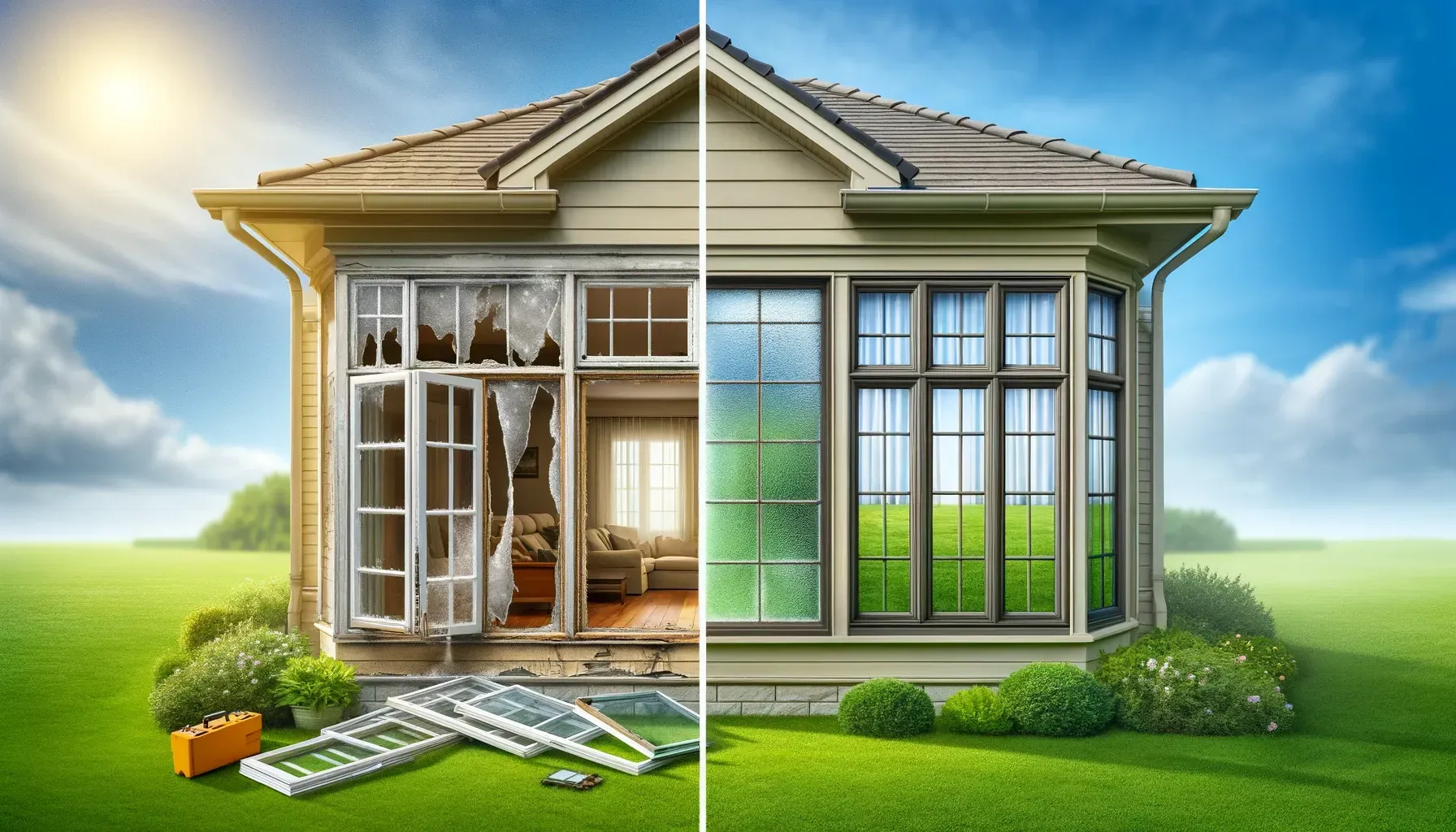 A before and after picture of a house with a lot of windows.