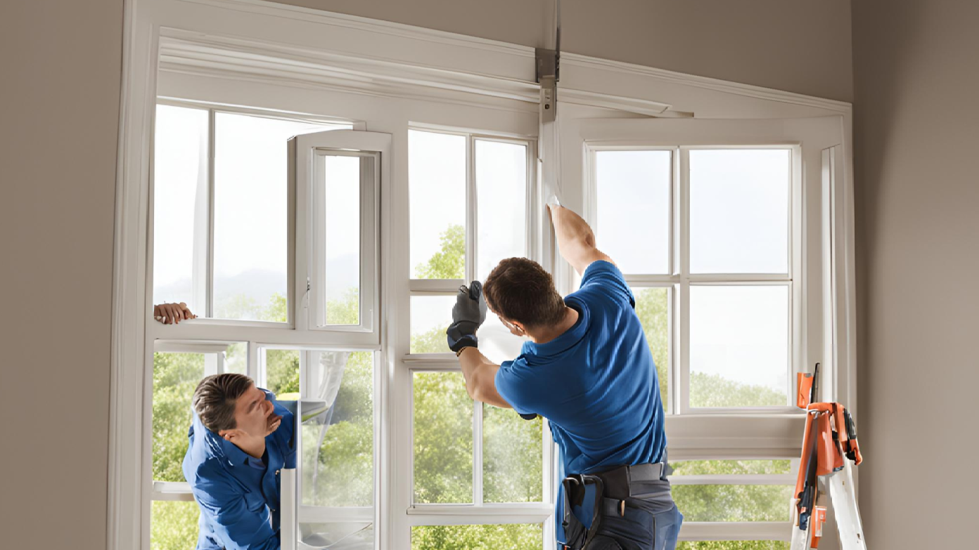 Two men are installing a window in a room.