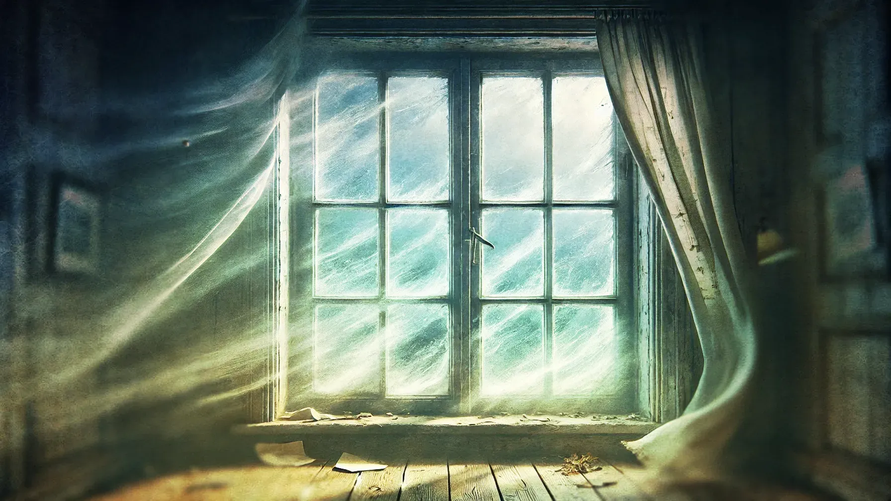 A room with a window and curtains blowing in the wind.