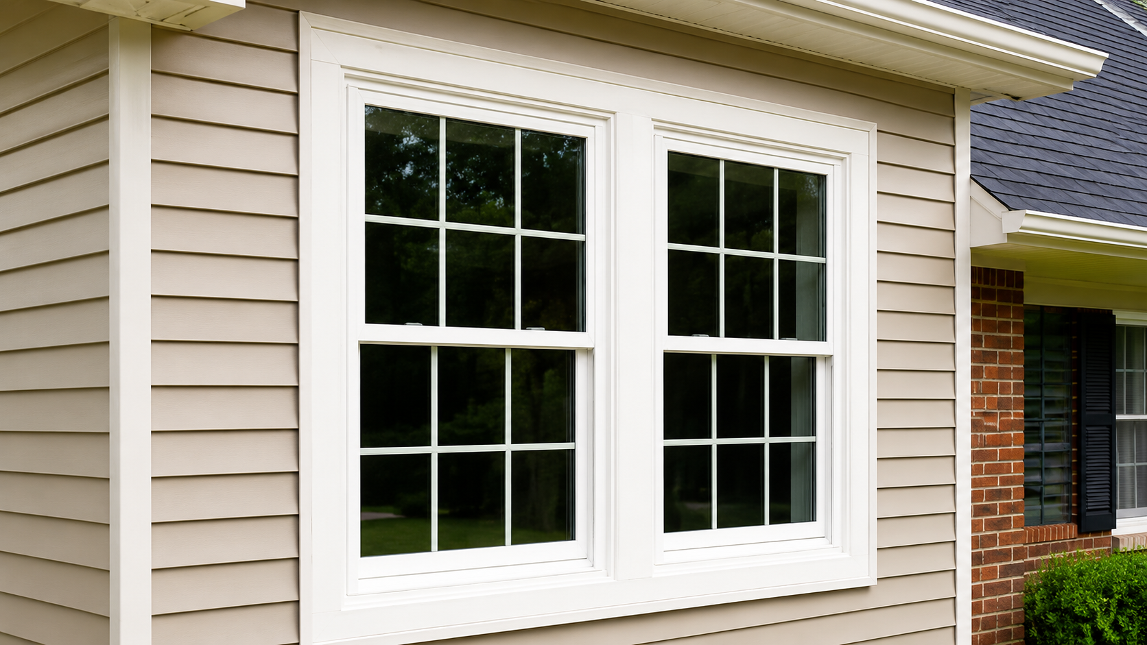 Energy-efficient double-hung replacement windows with white frames installed on a beige-sided home.