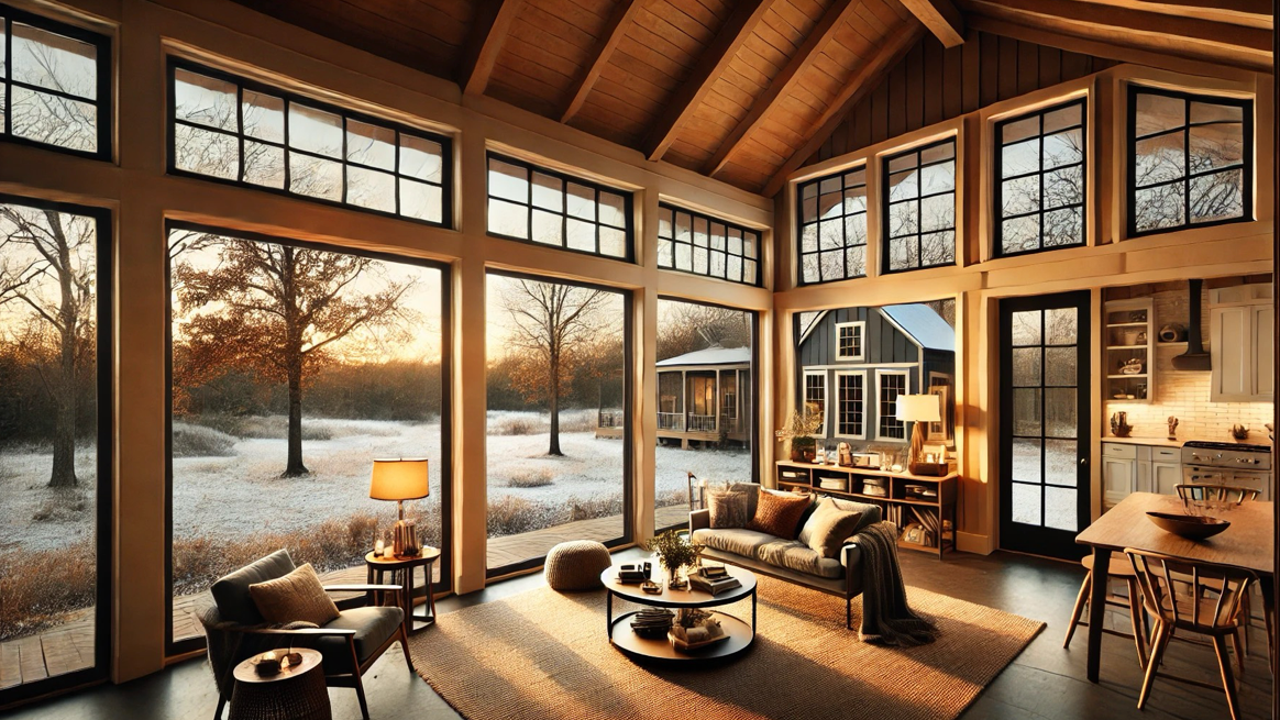 A living room with a lot of windows and a couch.