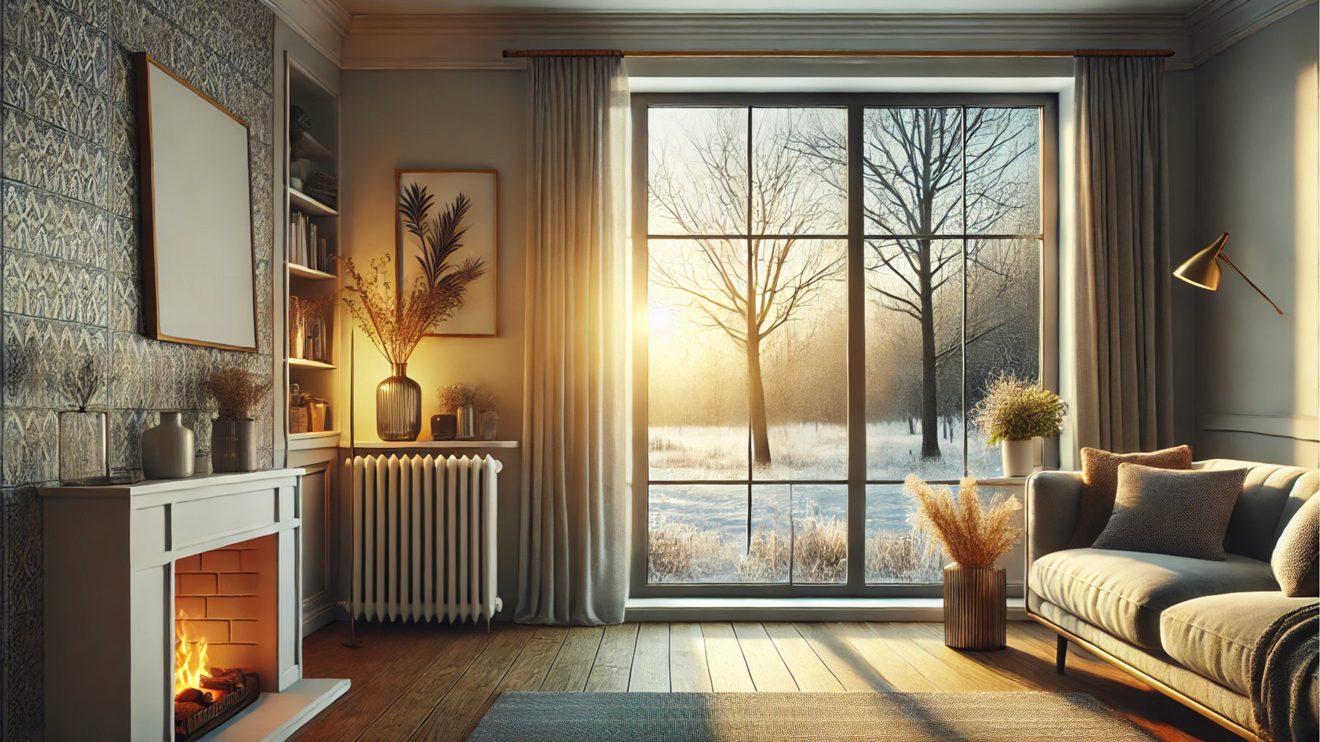 A living room with a fireplace , couch , and large window.