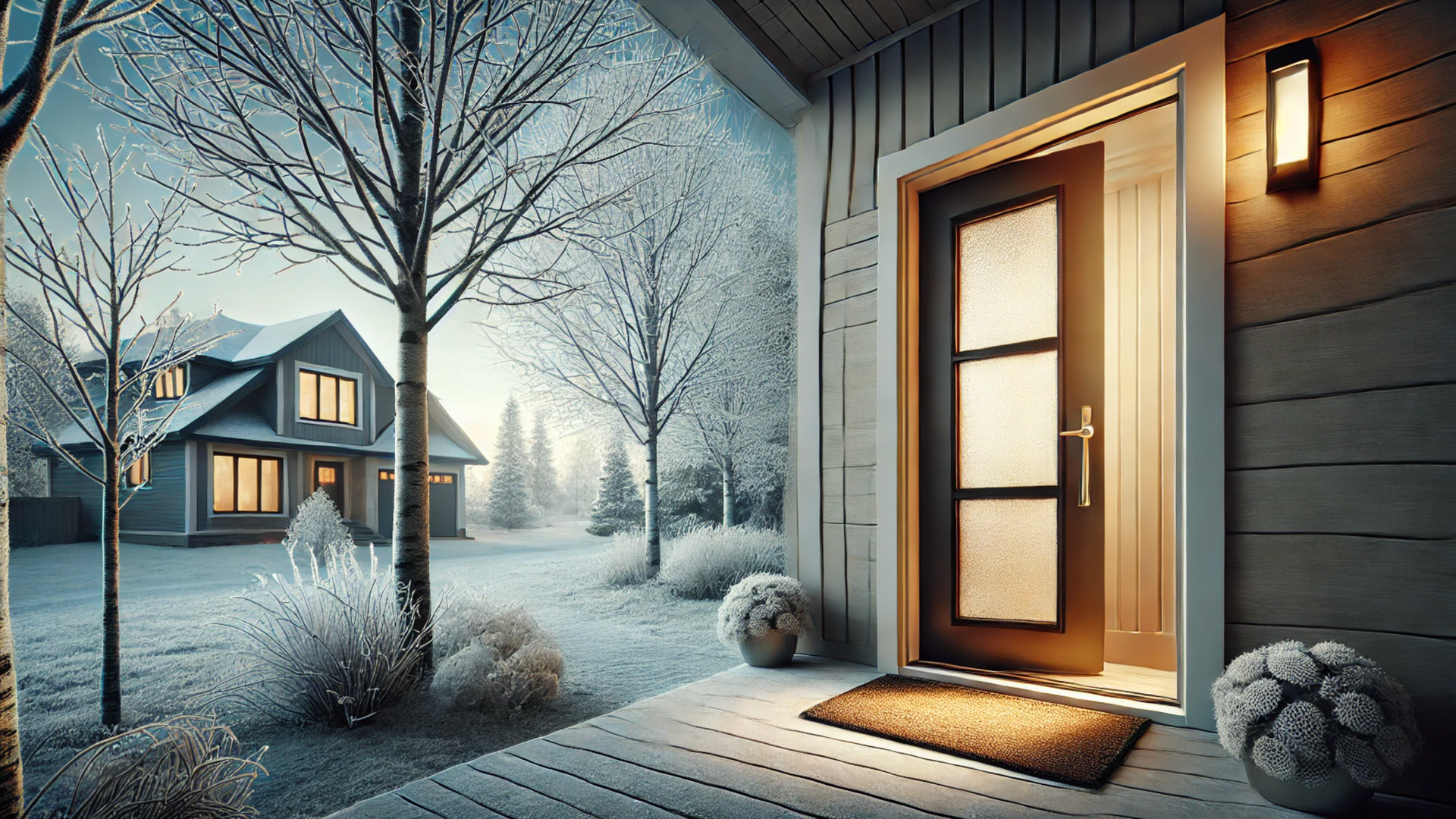 A house with a porch and a door in the snow.