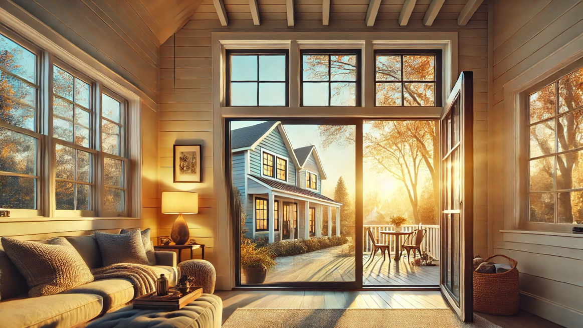 The sun is shining through the windows of a living room with a view of a house.