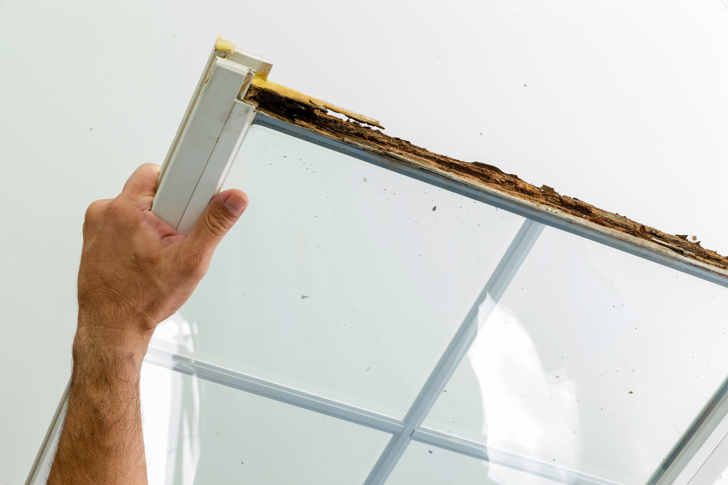 “Hand holding a damaged window frame with visible wood rot and moisture deterioration along the edge