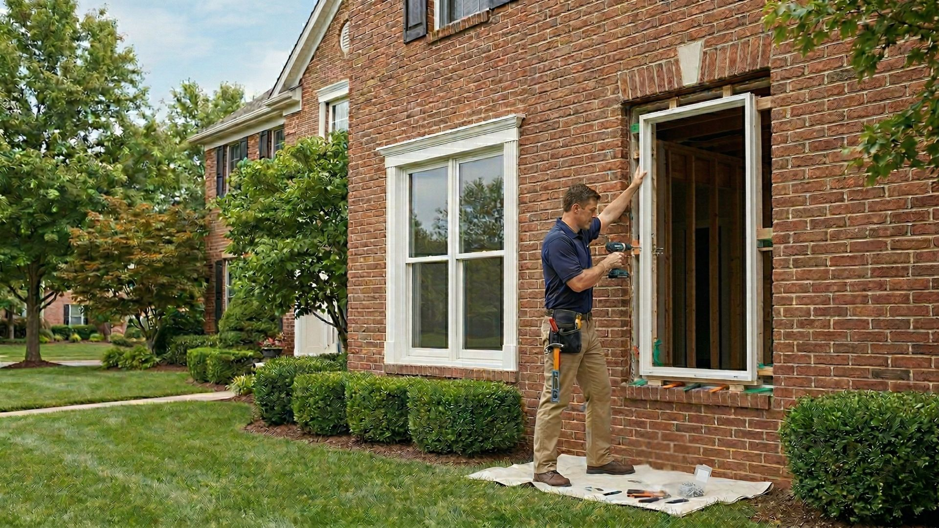“Window installation contractor replacing a residential window on a brick home exterior using power