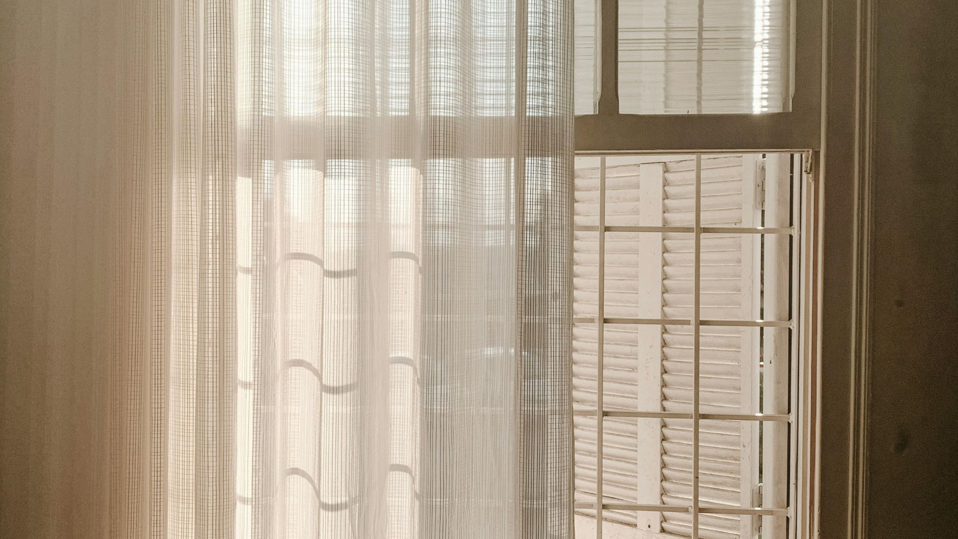 A bright window with a sheer white curtain, showing a view of a building exterior through grid-patterned window panes.