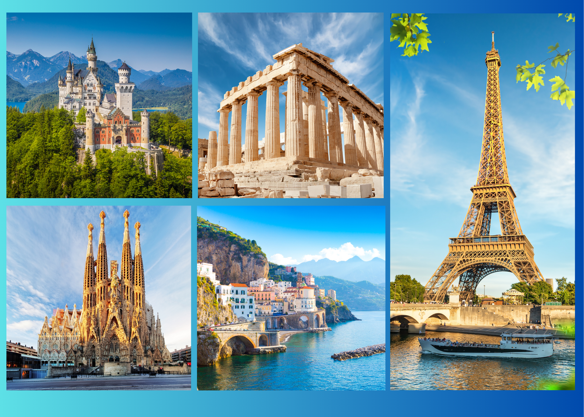 A collage of four pictures of famous buildings including the eiffel tower