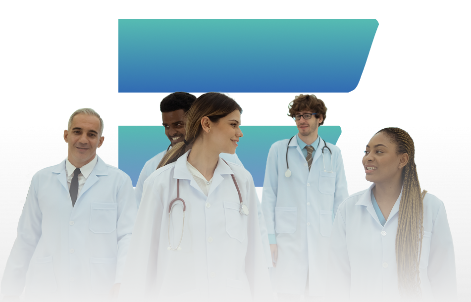 Grupo de médicos de jaleco branco sorrindo; forma geométrica azul e verde ao fundo.