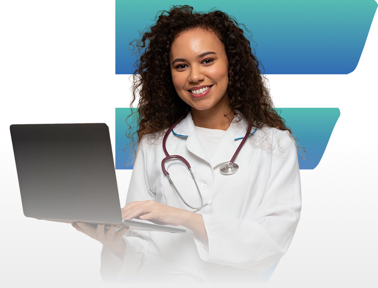 Médica sorridente, de cabelos cacheados, usando um laptop, estetoscópio no pescoço. Jaleco branco, fundo azul degradê.