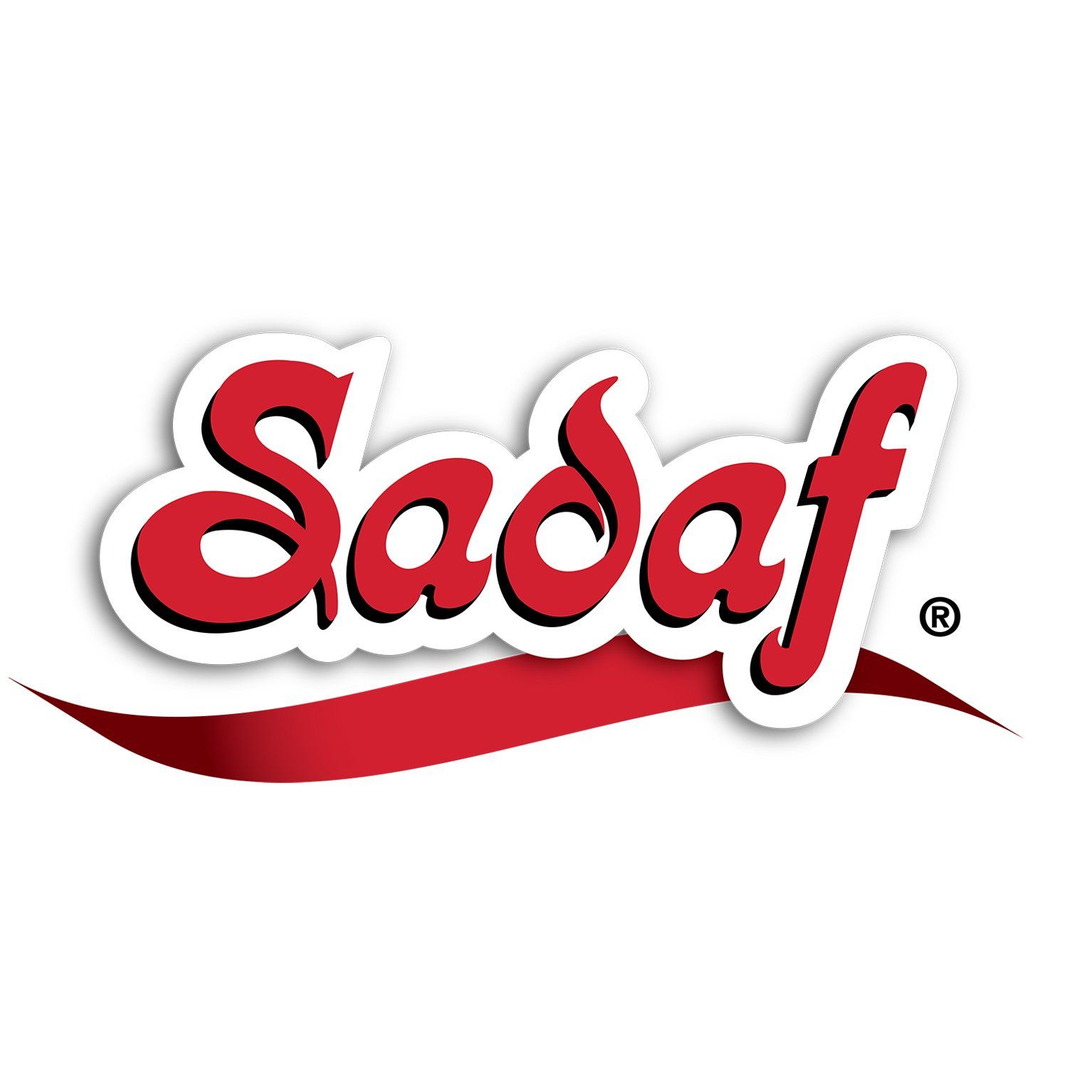 A red and white logo for sadaf on a white background
