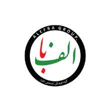 A logo for alefba group with arabic writing in a circle