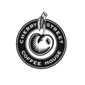 A black and white logo for cherry street coffee house with a cherry in the center.