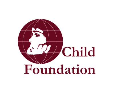 A logo for the child foundation with a child 's face on a globe
