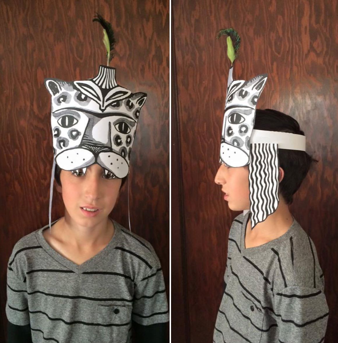 A boy wearing a zebra mask on his head