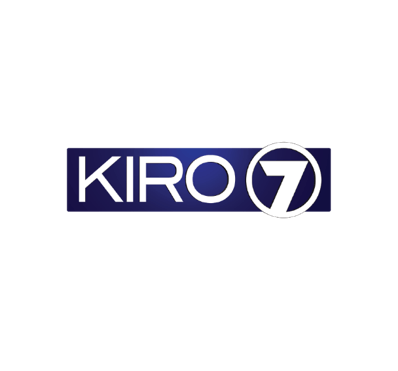 A blue and white logo for kiro 7 on a white background.