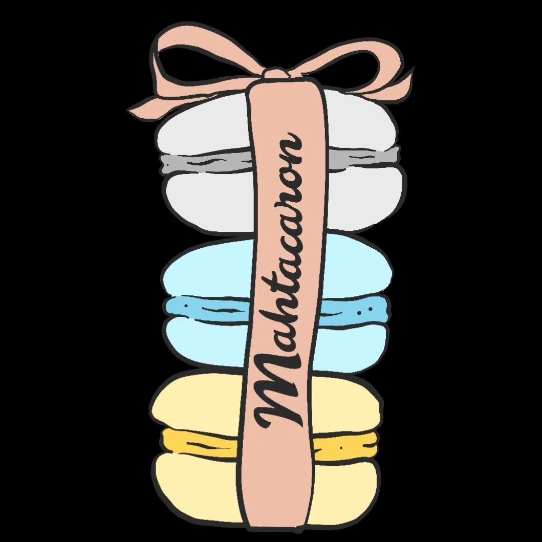 A stack of macarons with a pink ribbon and the word mahtacaron on it
