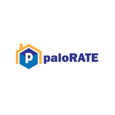 A blue and yellow logo for palorate with a house on it