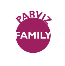A purple circle with the words parviz family written inside of it