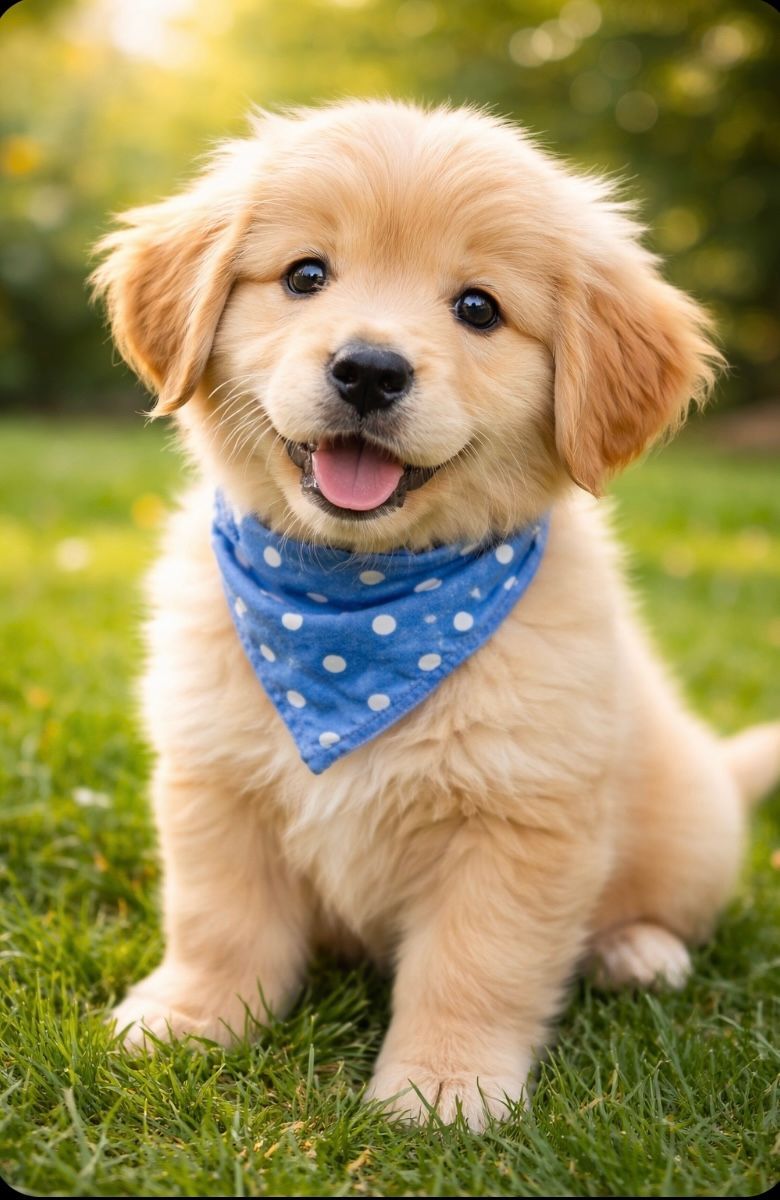 Golden retriever puppy with a blue polka dot bandana, sitting in grass, smiling.