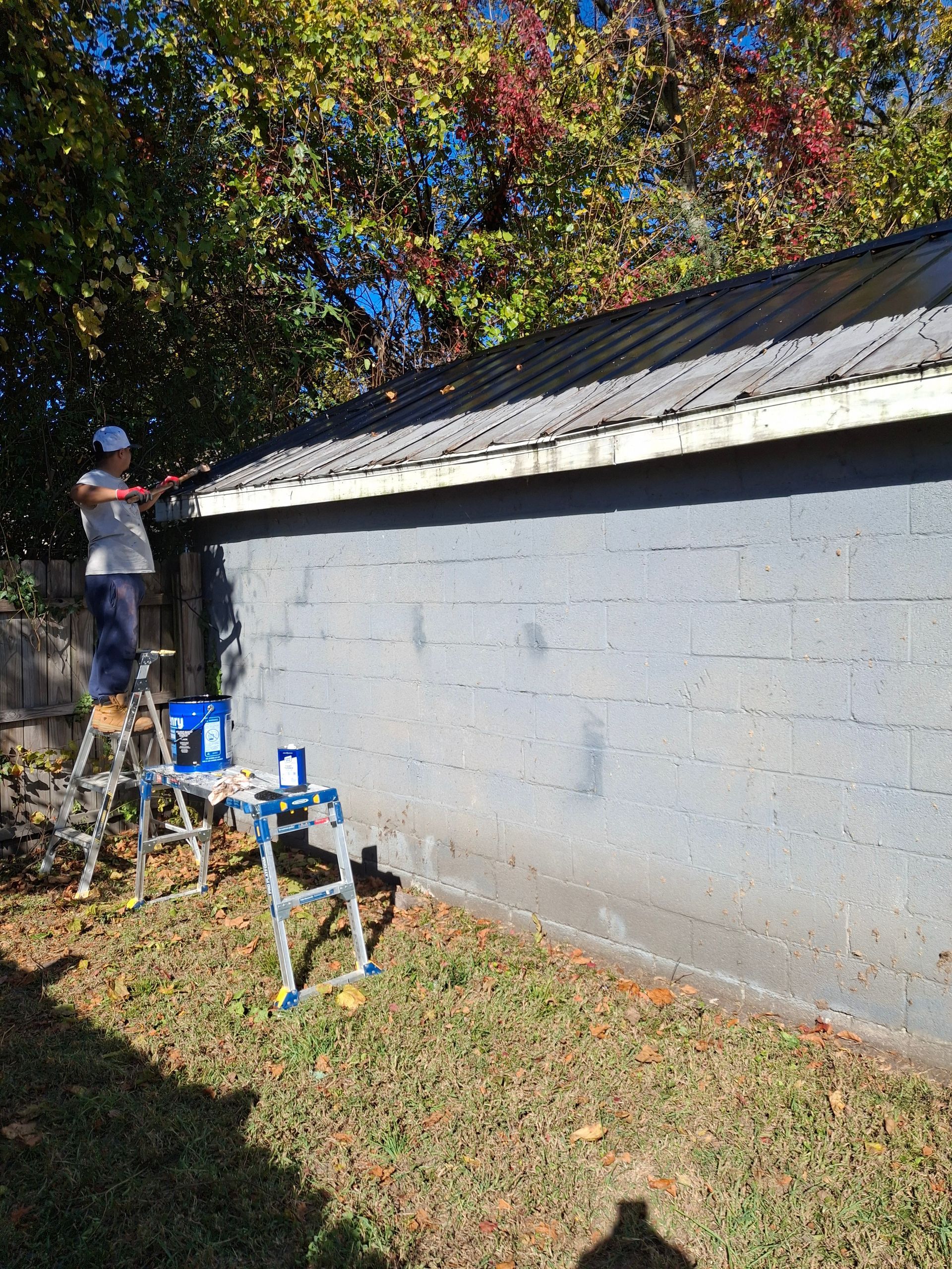 A man is standing on a ladder painting the side of a building.
