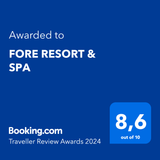 A blue sign that says ' awarded to fore resort & spa ' on it