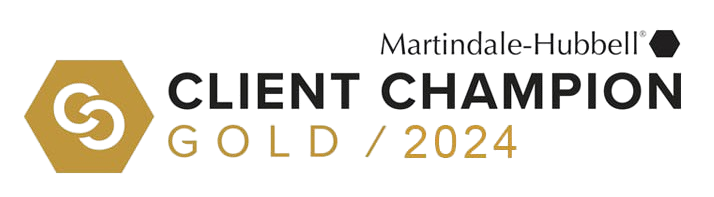 The logo for martindale hubbell 's client champion gold / 2024